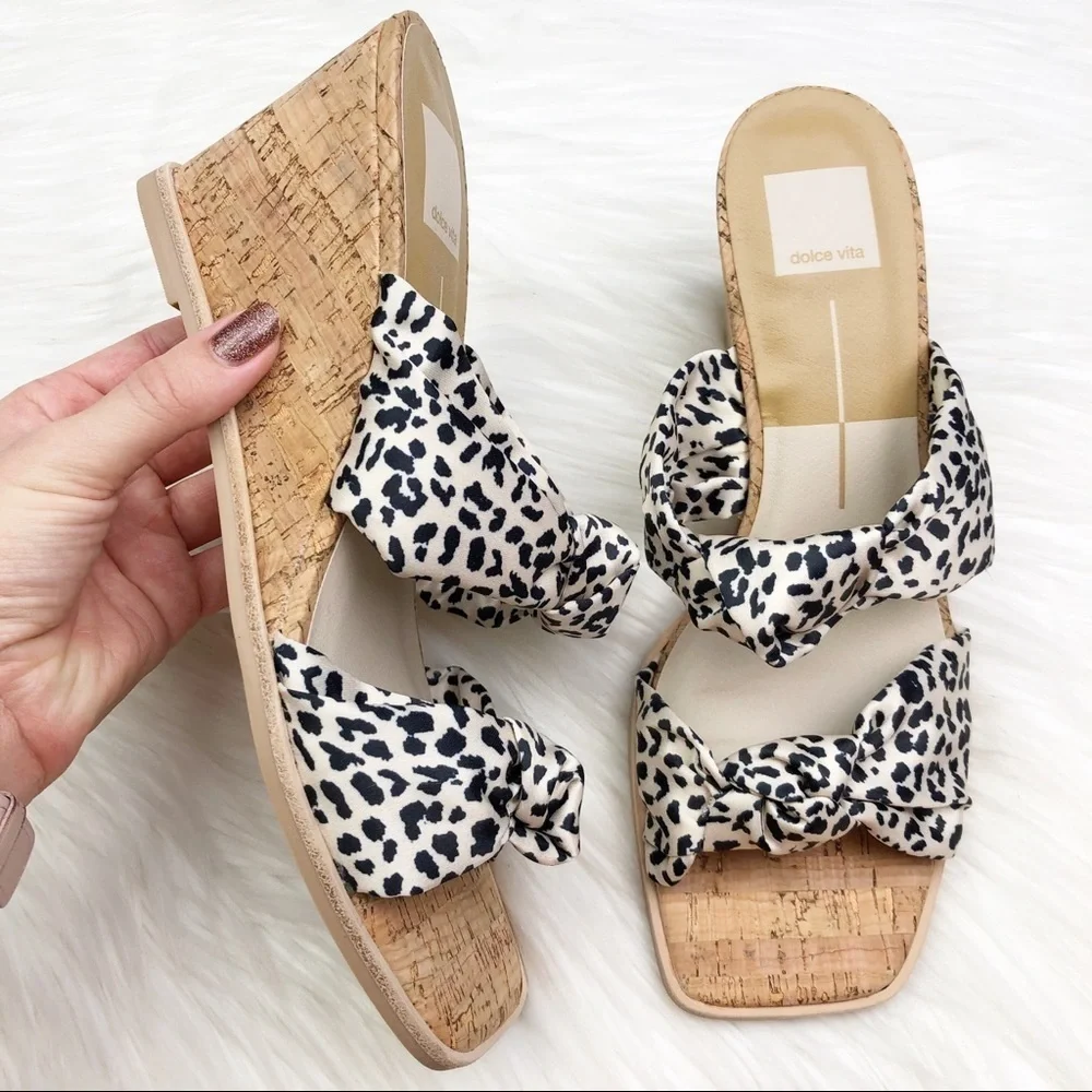 New Dolce Vita Naji Knotted Cork Wedge Mule in Leopard Satin